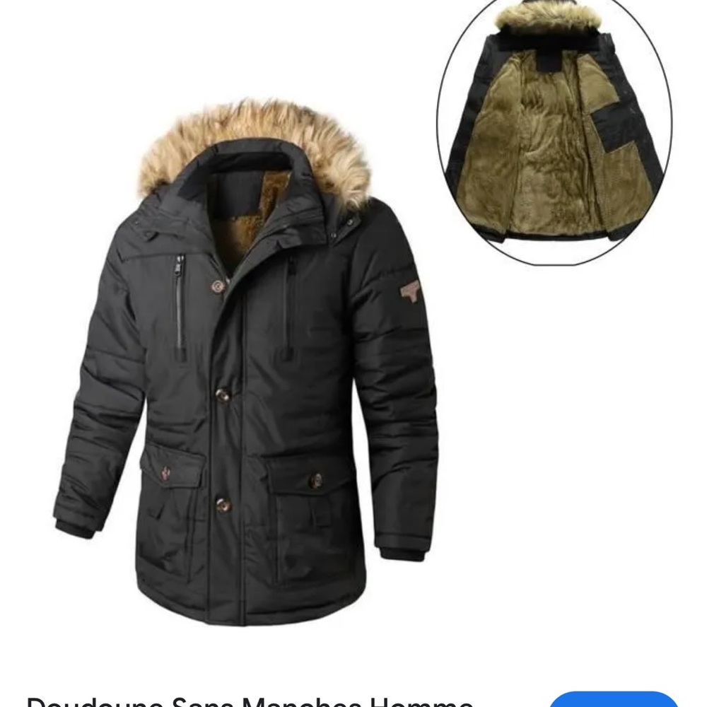 Men's Black Puffer Jacket with Faux Fur Hood Parka D’hiver Jacket - Picture 11 of 11